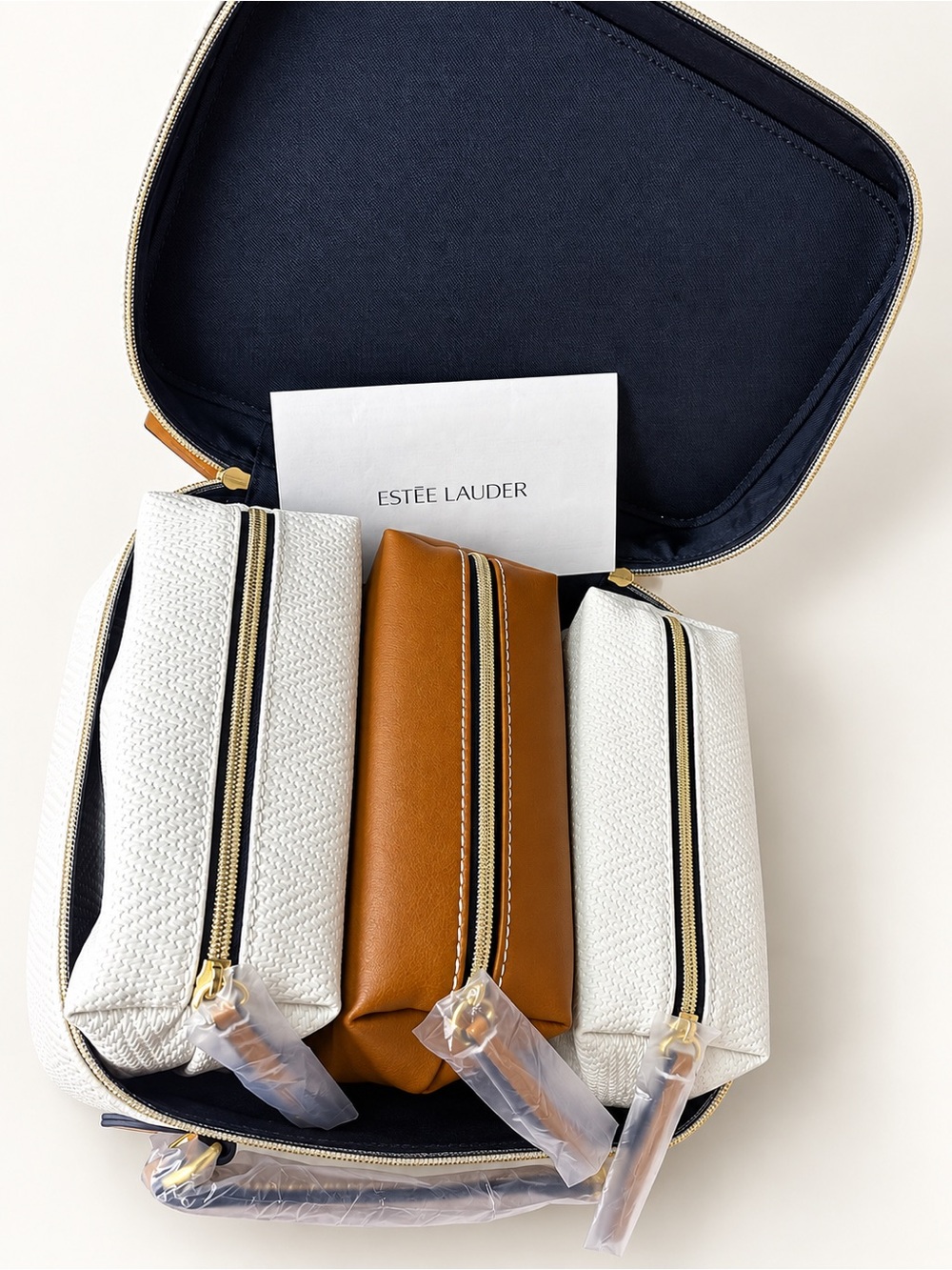 Estee Lauder White, Tan & Navy Cosmetic Travel Pouch Set
